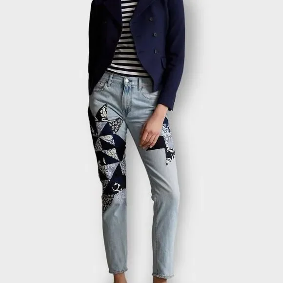 Polo Ralph Lauren Kipton Wash Patchwork Avery Boyfriend Jeans Womens size 28 New